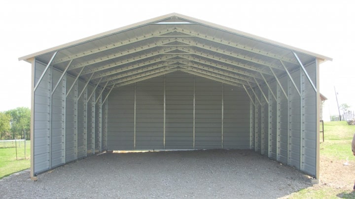 Texwin boxed eave roof steel cover with enclosed sides and back wall on gravel