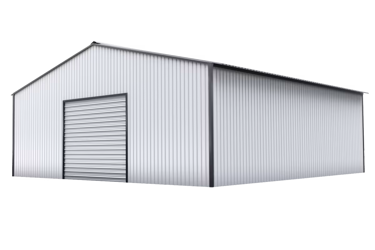 Fully enclosed white Texwin steel garage with a roll-up door