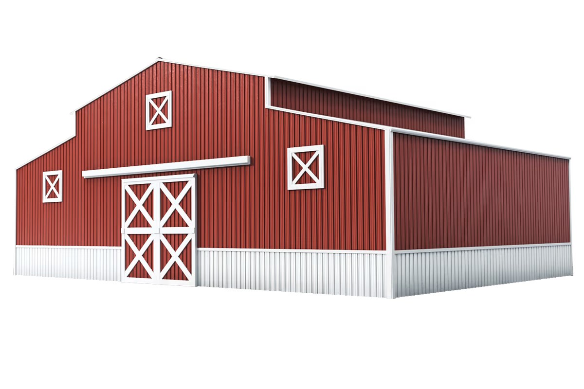 Red Texwin steel barn with white trim and cross-buck doors